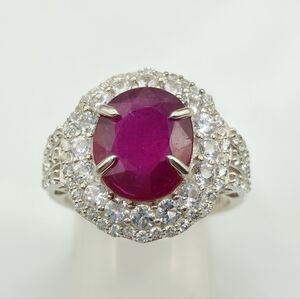 NWOT! Genuine Niassa Ruby and White Topaz Double Halo Ring